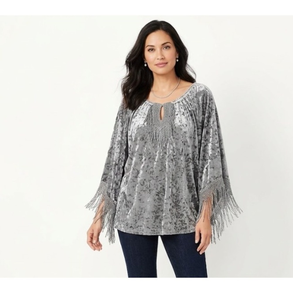 Melissa Paige Gray Velvet Fringe Boho Stretch Blouse Large‎ Festival Gypsy